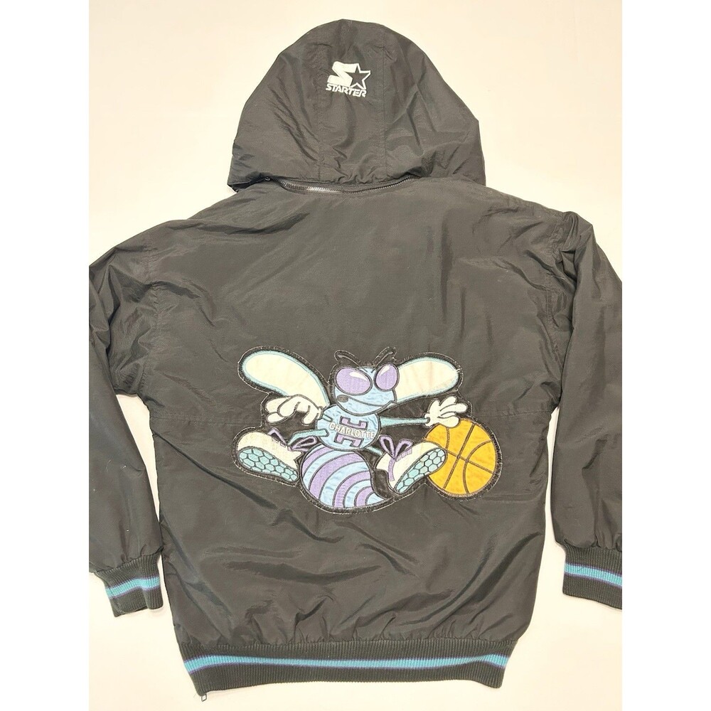 Rare OG Vintage 90s XL Black Charlotte Hornets NBA Starter Pullover Jacket Zip